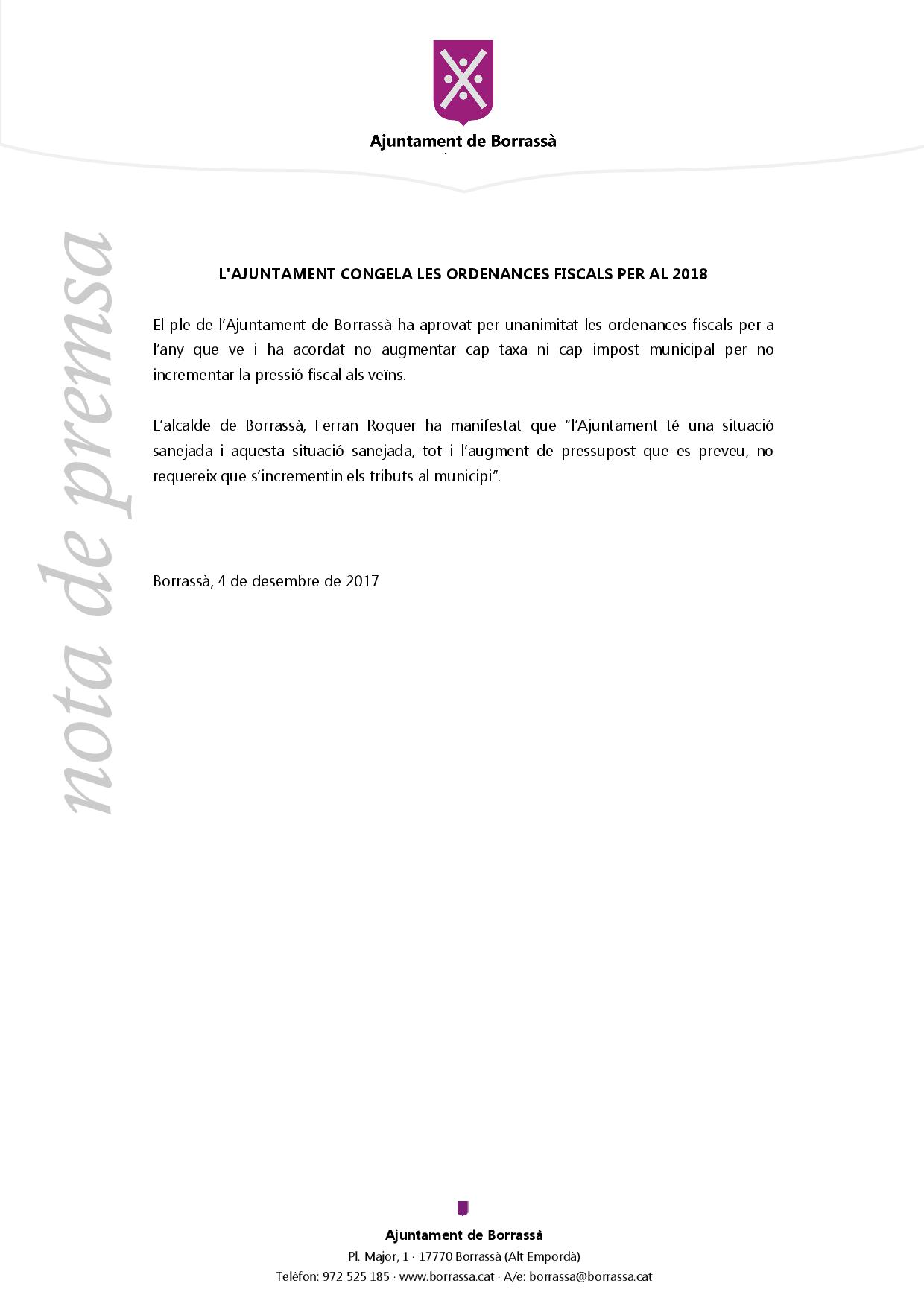 L'Ajuntament de Borrassà ha aprovat congelar les ordenances fiscals per al 2018. 